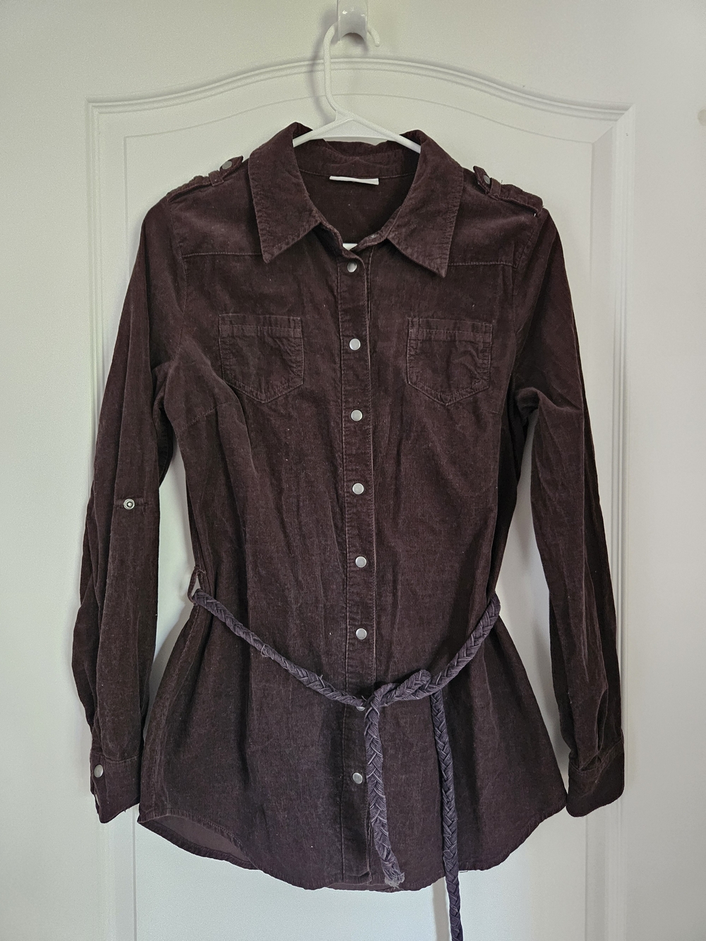 Braided-Waist Corduroy Button-Down Shirt - Plum